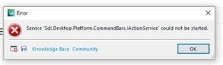 Error message window on Trados Studio 2021 stating 'Service 'Sdl.Desktop.Platform.CommandBars.IActionService' could not be started.' with Knowledge Base and Community buttons and an OK button.