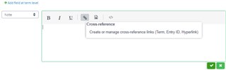 Screenshot of Trados Studio interface showing a 'Cross-reference' button with options to create or manage cross-references like Term, Entry ID, or Hyperlink.