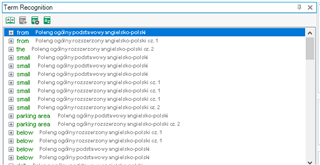 Screenshot of Trados Studio's Term Recognition window showing a list of terms with 'plus' and 'minus' buttons next to each term for expanding or collapsing details.