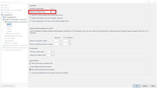 Trados Studio screenshot showing an error message 'Minimum match value not found' in the Translation Memory settings with a red exclamation mark icon.