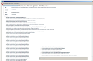 Trados Studio error message window displaying 'The required clipboard operation did not succeed' with ErrorCode: -2147221040 and a detailed exception stack trace.
