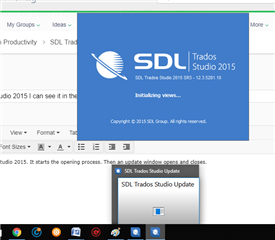 Trados Studio 2015 splash screen displaying 'Initializing views...' with an update window labeled 'SDL Trados Studio Update' in the foreground.