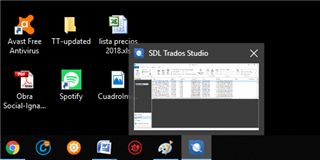 Minimized Trados Studio window on the taskbar showing a greyed-out interface, indicating the program is not responding.