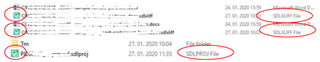 Screenshot showing User 2's file icons not displaying correctly, missing Trados Studio icons for sdltm, sdlxliff, and sdlproj files.