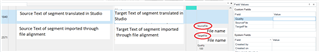Screenshot of Trados Studio TM view showing two segments. The first segment displays source and target texts with file names, while the second segment lacks file names, highlighted by red circles.
