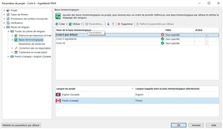 Screenshot of Trados Studio showing a termbase named 'Cook it (par d faut)' with a red X indicating an issue. The language pair is set to English and French Canadian.