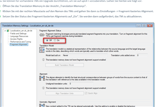 Screenshot of Trados Studio help section showing the 'Fragment Alignment' tab with an error message stating 'The translation memory does not have fragment alignment support enabled'.