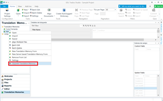 Screenshot of Trados Studio showing the right-click context menu for a Translation Memory with the 'Upgrade Translation Memory' option highlighted.