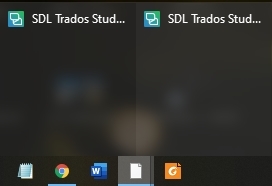Two SDL Trados Studio icons on a taskbar, one blurred and without a proper icon, indicating a program error or unresponsiveness.