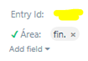 Screenshot of Trados Studio displaying the current default layout with missing 'Entry class' field, only 'Area' field visible.