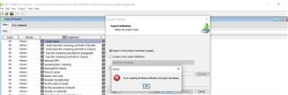 Trados Studio window showing an error message 'Object reference not set to an instance of an object' during an export operation to a termbase.