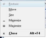 Screenshot of Trados Studio application's System menu with options Restore, Move, Size, Minimize, Maximize, and Close highlighted with an underline on Close and Alt+F4 shortcut.