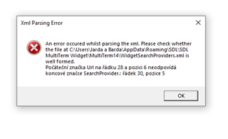 Error message in Trados Studio stating 'Xml Parsing Error: An error occurred whilst parsing the xml. Please check whether the file is well formed.' with file path and position details.