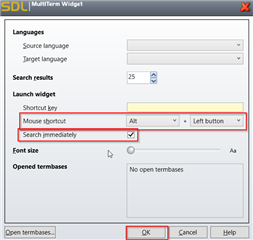 SDL MultiTerm Widget settings window showing options for languages, search results, launch widget, shortcut key set to 'Alt + Left button', 'Search immediately' checked, font size, and opened termbases with 'No open termbases' message.