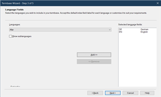 Screenshot of Trados Studio's MultiTerm Wizard Step 3 showing 'Language Fields' section with cropped fields on the right side.