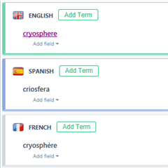 Screenshot of Trados Studio showing the term 'cryosphere' added in three languages: English, Spanish, and French.