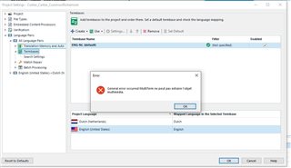 Error message in Trados Studio stating 'general error occurred Multiterm cannot extract the multimedia object'.
