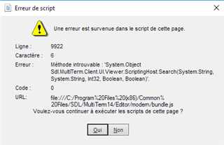 Error message dialog box in French stating 'Une erreur est survenue dans le script de cette page' with script error details and options to continue running scripts.