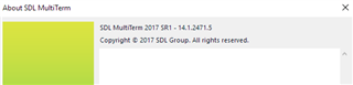 Screenshot of the 'About SDL MultiTerm' window showing version 2017 SR1 - 14.1.6271.5 with copyright notice.