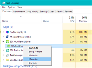 Windows Task Manager showing SDL MultiTerm (32 bit) application with context menu options including 'Switch to', 'Bring to Front', and 'Maximise'.