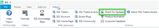 Trados Studio screenshot showing the Help menu expanded with 'Check for Updates' highlighted in green.