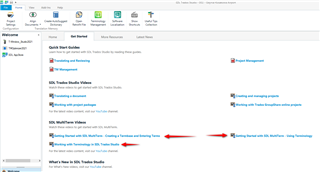 Trados Studio start screen with a list of video tutorials, including 'Getting started with SDL Trados Studio' and 'Working with SDL MultiTerm', indicated by red arrows.