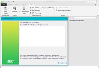 SDL MultiTerm 2019 'About' window showing version 15.0.2.49020 with no notifications displayed.