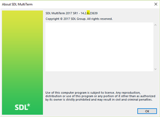 Screenshot of the 'About SDL MultiTerm' window showing version 2017 SR1 - 14.2.6.28369 with a copyright notice and SDL logo.