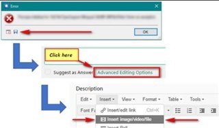 Trados Studio forum interface with arrows pointing to 'Click here' button and 'Advanced Editing Options' link in a post composition area.