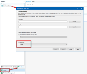 Export Settings dialog in Trados Studio with 'Filter' field highlighted, showing the option to apply a previously created filter.