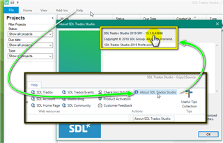 Screenshot of Trados Studio version information window showing SDL Trados Studio 2019 SR1 - 15.1.0.44109.