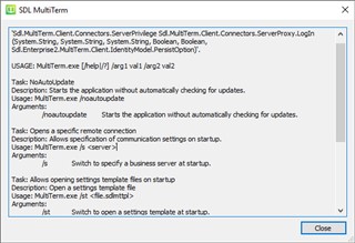 Error message in Trados Studio stating 'Error processing command line arguments' with details of the missing method and usage instructions for MultiTerm.exe with various tasks and arguments.