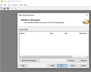 SDL MultiTerm Extract New Project Wizard with an empty project files list and no option visible for adding sdlxlif files.