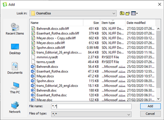 File selection dialog box with various files listed, none of which are sdlxlif files.