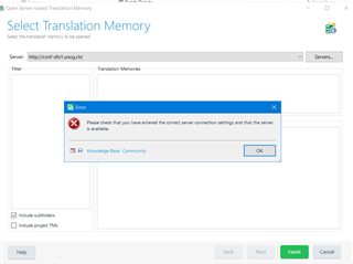 Error message in Trados Studio stating 'Please check that you have entered the correct server connection settings and that the server is available.' with an OK button.