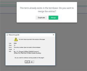 Trados Studio error message pop-up saying 'This term already exists in the termbase. Do you want to merge the entries?' with options 'Duplicate' and 'Merge'.