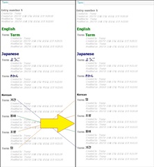 Screenshot of Trados Studio showing a term base in MS Access with English and Japanese terms. Display order is inverted as a test.