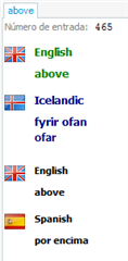 Screenshot of Trados Studio showing a termbase entry with duplicate 'above' in English linked to two different Icelandic terms, and a single Spanish translation.