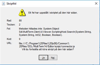 Script error dialog box in Trados Studio showing a warning icon and message 'Ett fel har uppst tt i skriptet p  den h r sidan.' with options 'Ja' and 'Nej'. Error details include file path and code reference.