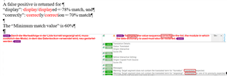 Screenshot of Trados Studio showing a false positive in match value with 'display' matched at 78% and 'correctly' at 70%, despite the minimum match value set at 60%.