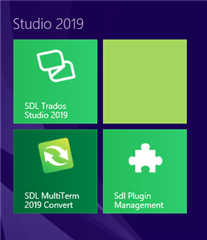 Windows 8.1 start screen showing tiles for SDL Trados Studio 2019, SDL MultiTerm 2019 Convert, and SDL Plugin Management. The MultiTerm icon is missing.