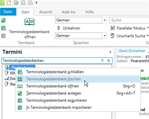 Screenshot of Trados Studio with a right-click context menu open showing options including 'Delete termbase' highlighted.