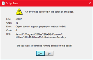 Error dialog titled 'Script Error' with a warning icon indicating an error has occurred in the script on this page. It shows details such as Line: 5887, Char: 1, Error: Object doesn't support property or method 'onEdit', and a file path to a JavaScript file. Options to continue running scripts are 'Yes' and 'No'.