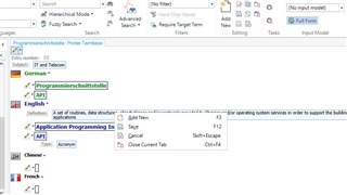 Screenshot of Trados Studio showing the Printer Termbase with no default input model selected, only option is (No input model).