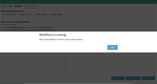 SDL FreshStart message indicating 'MultiTerm is running. Please close MultiTerm to continue removing selected folders.'