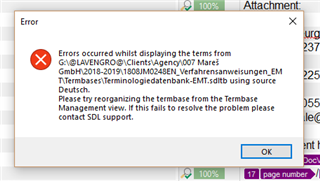 Error message in Trados Studio stating 'Errors occurred whilst displaying the terms from GmbHLAVENGRQ@ClientsAgency07Mars' and advising to reorganize the term base or contact SDL support.