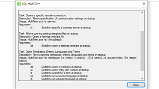 SDL MultiTerm settings window with options for specifying communication settings, opening specific business files, and defining termbase file settings on startup.