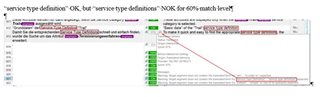 Screenshot of Trados Studio showing a QA warning for the term 'service type definitions' with a 60% match level, indicating a false positive error.