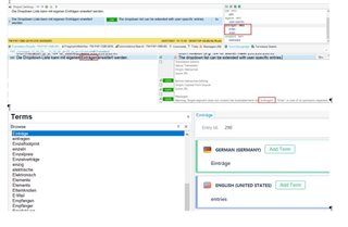 Screenshot of Trados Studio showing a term recognition error where 'eintragen' is matched instead of 'Eintr ge' with an umlaut.