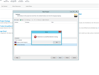 Screenshot of Trados Studio displaying an error message box with text 'General error occurred! Element is missing' and an OK button, with no other icons or options visible.